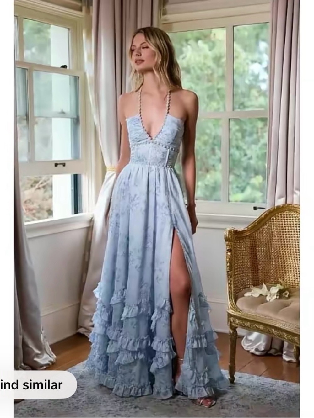 Light Blue Ruffled Halter Maxi Dress